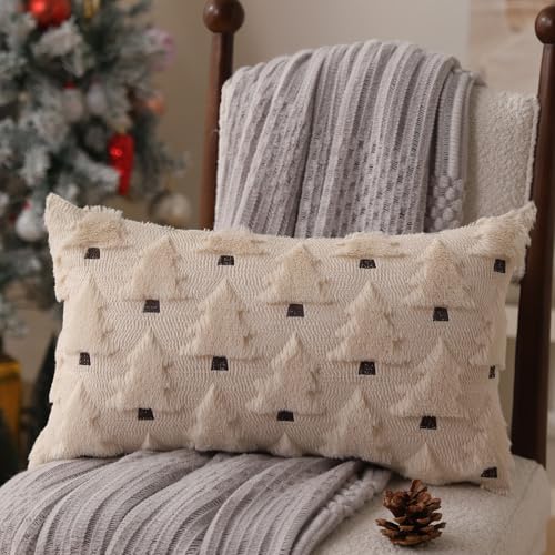 Image of Allorry Christmas Pillow Covers 12x20 inch Set of 2 Christmas Decorations Soft Plush Faux Fur Wool Beige Christmas Tree Throw Pillow Cases Winter Holiday Decor for Sofa Living Room PT-002C12