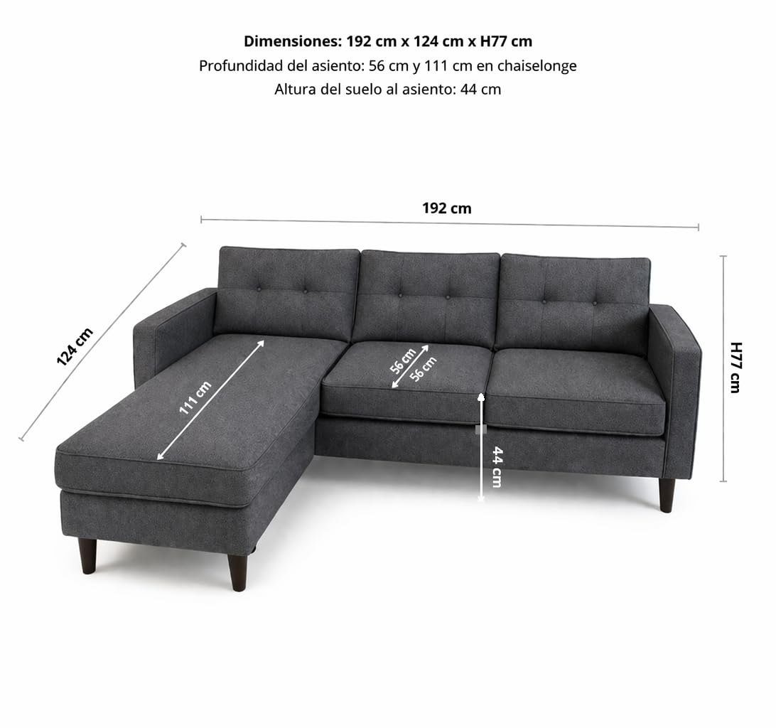 MUEBLIX.COM - Sofa 3 Plazas Chaiselongue Duruelo, Chaiselonge Intercambiable, Asientos y Respaldo Acolchados, Sofa con Estructura de Madera y Aglomerado, Sofas de Salón Modernos, Color Gris