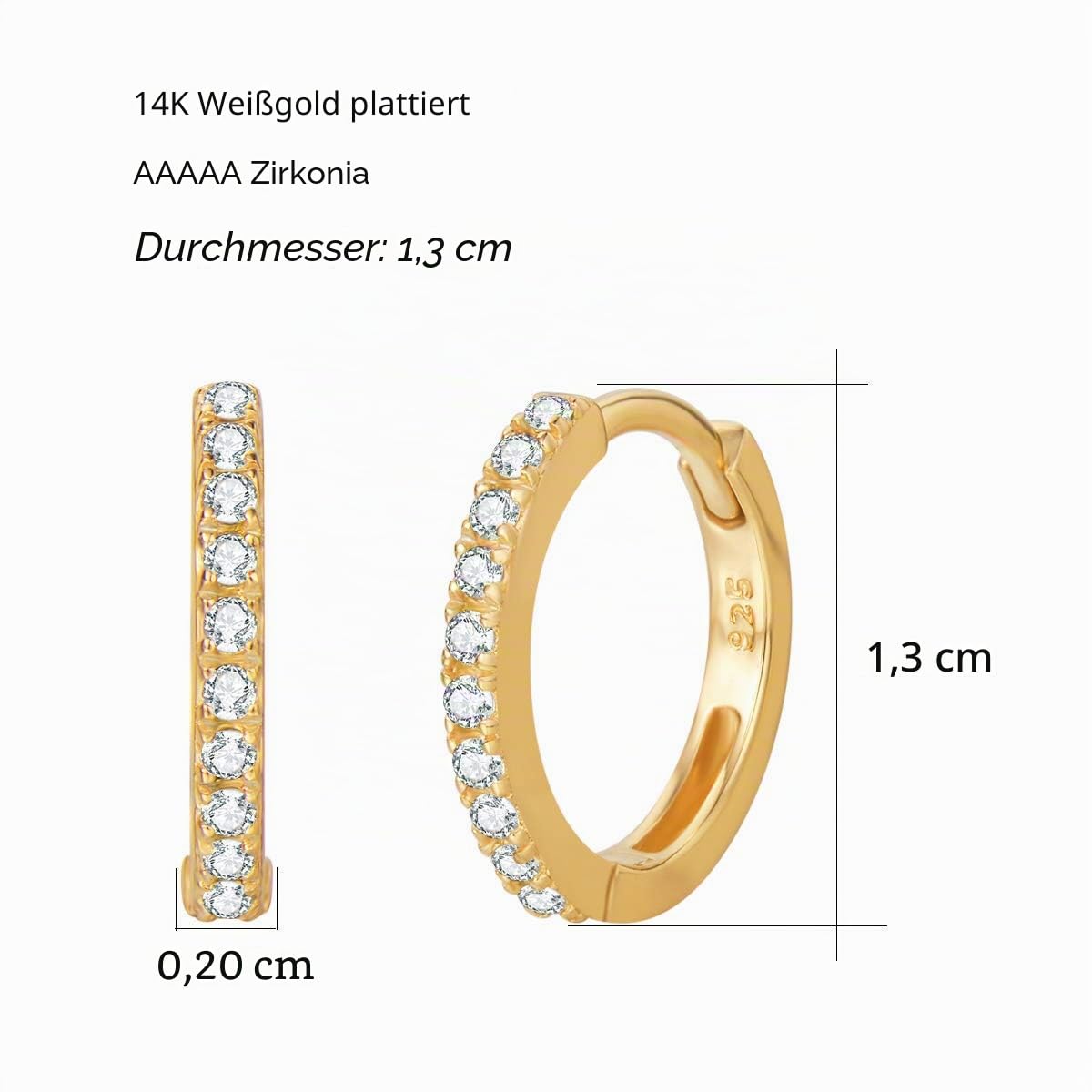 Carleen Damen Creolen Ohrringe Knorpel Klein aus 925 Sterling Silber Gold Plattiert mit Rundschliff Cubic Zirkonia Schmuck - Durchmesser: 13 mm