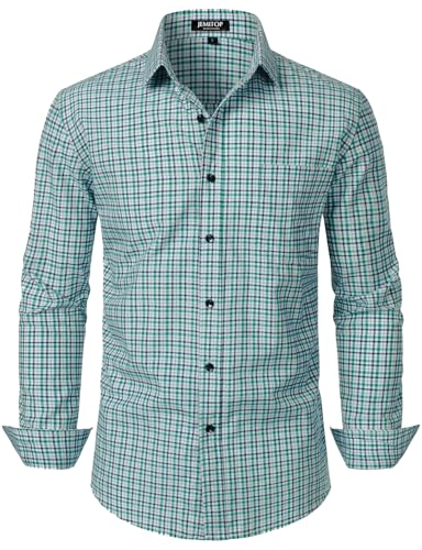 JEMITOP Men's Transitional Weather Long Sleeve Slim Fit Button Down Shirts Business Casual Button up Plaid Dress Shirt Green Gingham M