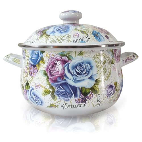 OIIKQDML Enamel Stockpot with Lid, 4.6 Quart Retro Cooking Pot, Vintage Floral Stew Bean Simmer Pot...
