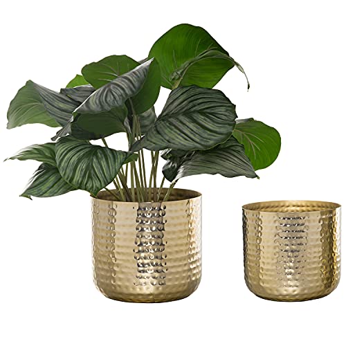MyGift Macetas Modernas de Metal Chapado en latón Martillado para Plantas de Interior, Maceta cilíndrica metálica, 6 y 5 Pulgadas, Juego de 2, Hechas a Mano en la India