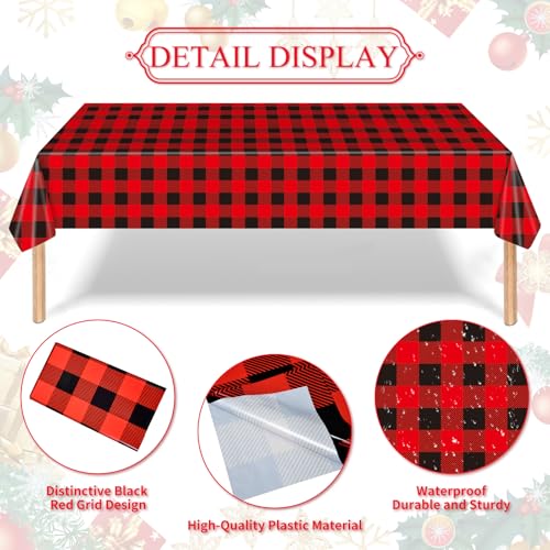 Image of Gistome 3-Piece 54 x 108 Inch Buffalo Plaid Plastic Tablecloth - Red and Black Checkered Design, Disposable Rectangle Table Cover for Dining, Birthday, Christmas, Fall and Winter Themed Decorations