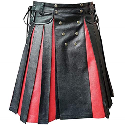 Halloween Mens Real Black and Red Leather Gladiator Kilt with Flat Front Panels Scottish Kilt Utility Kilt