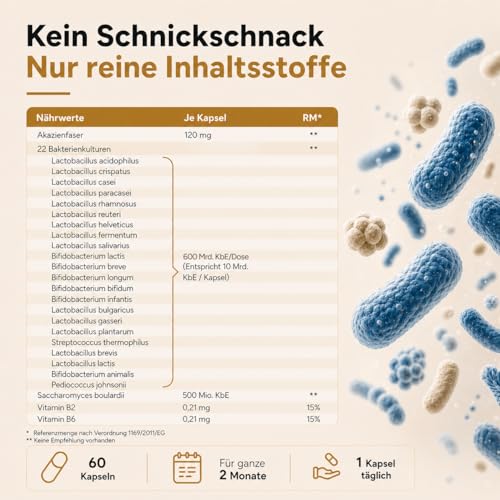 Flora Plus - Darmkur* Probio Kulturen Komplex mit 23 Bakterienstämmen & 600 Mrd. KbE, OHNE Inulin & OHNE künstliche Probiotika I 60 magensaftresistente & vegane Kapseln mit Lactobacillus Salivarius
