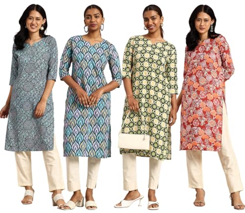 Image of JAKHANA Women's Crepe Printed Casual Straight Calf Length Round Nick Kurta Pack of 4