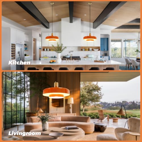 Image of Mid-Century Pendant Light Kitchen Island Chandelier Light Fixture Vintage Small Ceiling Light with 2-Tiers Metal Shade for Dining Room Living Room (Orange, 2 Pack)