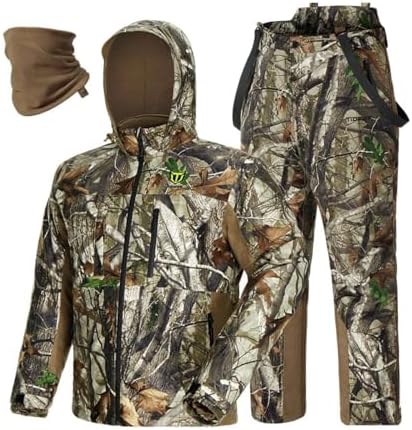 TIDEWE Hunting Clothes for Men with Face Mask, Silent Waterproof Hunting Jacket and Adjustable Bibs, Insulated-Lined, Safety Strap Compatible (Next Camo G2 Size 2XL)