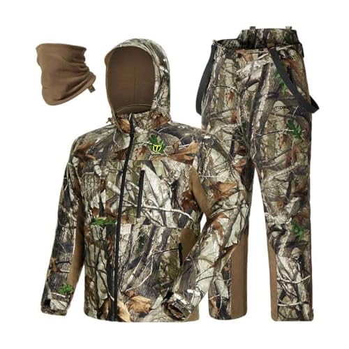 TIDEWE Hunting Clothes for Men with Face Mask, Silent Waterproof Hunting Jacket and Adjustable Bibs, Safety Strap Compatible