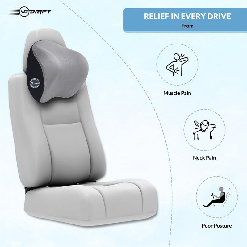 Image of Neodrift 'CurveNeck Pro' (Set of 2) | (Color - Gray) (Neck Rest Cushion Orthopedic Velvet Memory Foam Pillow for Neck, Head, Shoulder Support) Pain Relief for Car