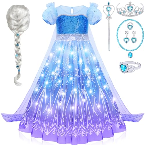 G.C Girls Light Up Elsa Costume Dress Princess Dress Up Clothes with Cape Toddler Kids Wig Crown Jewelry Halloween Cosplay Birthday Party Gifts