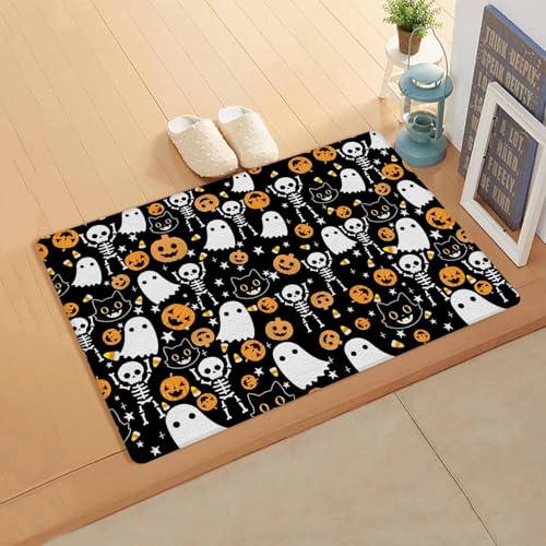 Yubilinco キッチンマット ハロウィン 幽霊 かぼちゃ 猫 黒 マット 合皮 踏み心地いい 撥水 直接拭ける 滑り止め付 保温 キッチン 台所 リビングルーム 部屋 玄関マット お手入れ簡単 直角長方形 丈夫 60×90cm
