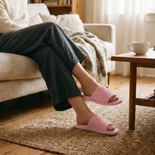 Image of Women's Open Toe House Slippers - Breathable Waffle Fabric, Memory Foam Cushioning, Slip-On Summer Indoor Slippers, Non-Slip TPR Sole, Easy Care