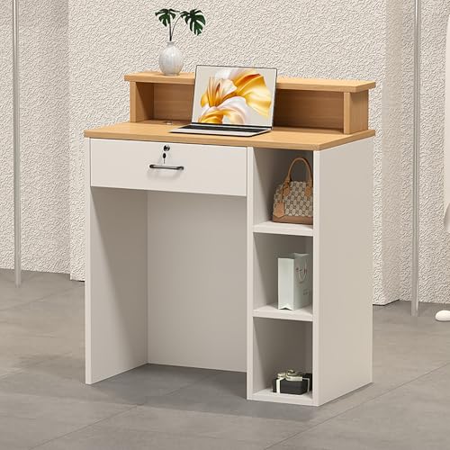 Escritorio de recepción de madera de 80 cm, mostrador compacto con cajón de bloqueo para oficina, venta al por menor, salón, vestíbulo, moderno diseño blanco y madera