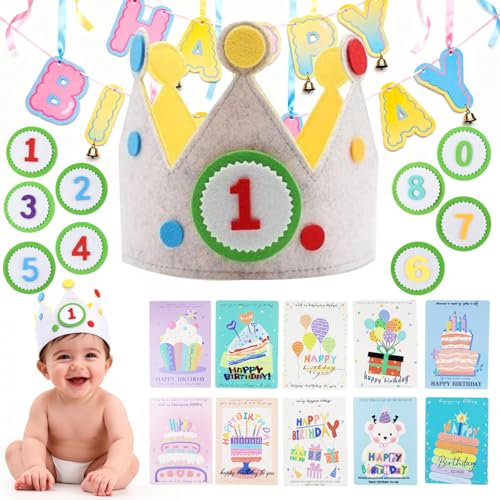 Aohcae Geburtstagskrone für Kinder, Wiederverwendbar Krone Geburtstag mit 0-9 Auswechselbaren Zahlen und 10 Geburtstagskarten, Geburtstagskrone Junge Mädchen, Krone Kinder für Kindergeburtstag Party