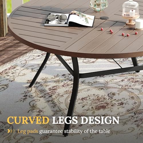 Image of VICLLAX Round Patio Table with Adjustable Umbrella Hole for 8, All Weather Metal Outdoor Dining Table for Lawn Garden, 59.8 inch Outdoor Coffee Table, Grey Wood-Like Tabletop