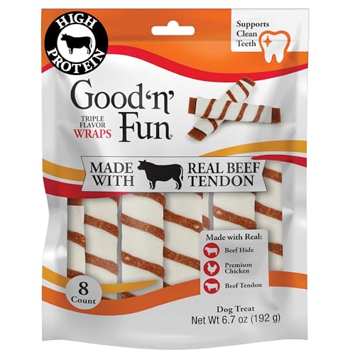 GOOD N FUN Triple Flavor Wraps with Beef Tendon Chews High-Protein Dog Treat for All Adult Dogs Made with Real Beef Hide Chicken & Beef Tendon 8 Count