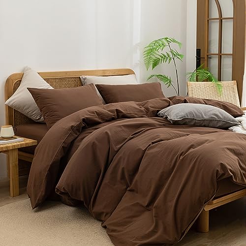 Image of BESTOUCH Cotton Solid Duvet Cover Set Cocoa Brown California King | 100% Washed Cotton, Soft Wrinkle Texture, Hidden Zipper, 8 Ties, Breathable Lightweight Durable Comfy, 3 Pcs No Insert