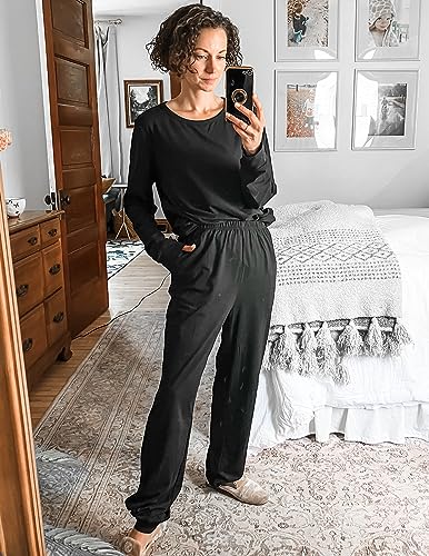 Ekouaer Womens Jogger Pajama Sets Long Sleeve Sleepwear Lounge Set Black XS - image 2
