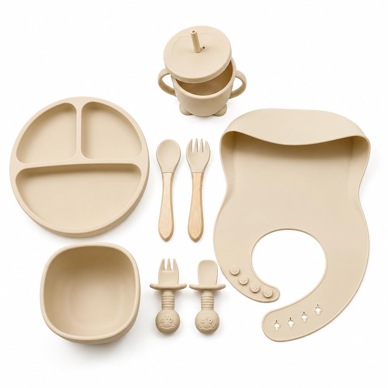 Baby Feeding Set, 9-Piece Silicone Baby Weaning Set with Suction Plate, Bowl, Sippy Cup, Bib & Baby Cutlery, Finger Toothbrush, Beige