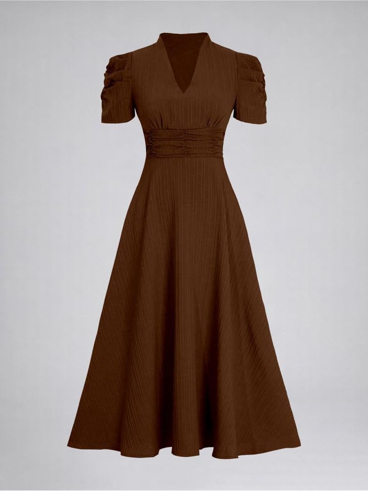 Image of Women's Solid Color V-Neck A-Line Maxi Stylish One Piece Long Midi Dress Party Outfit | Waist Cinched Puff Sleeve Elegant Casual Dresses for Women