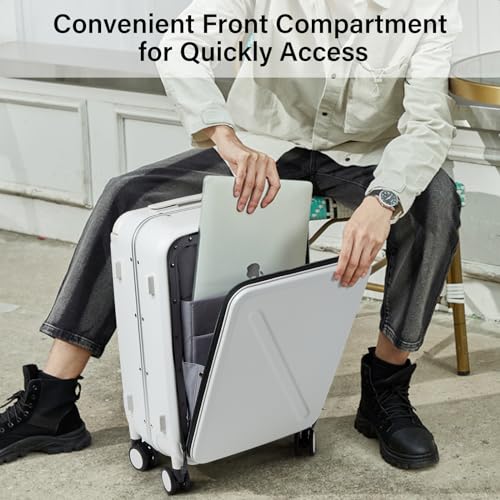 MILADA Wide Handle Carry On Luggage with Front Pocket Hardshell 20 Inch Front Opening Luggage with Spinner Wheels TSA Lock Aluminium Suitcase Airline Approved Carry-On Travel Luggage, White2