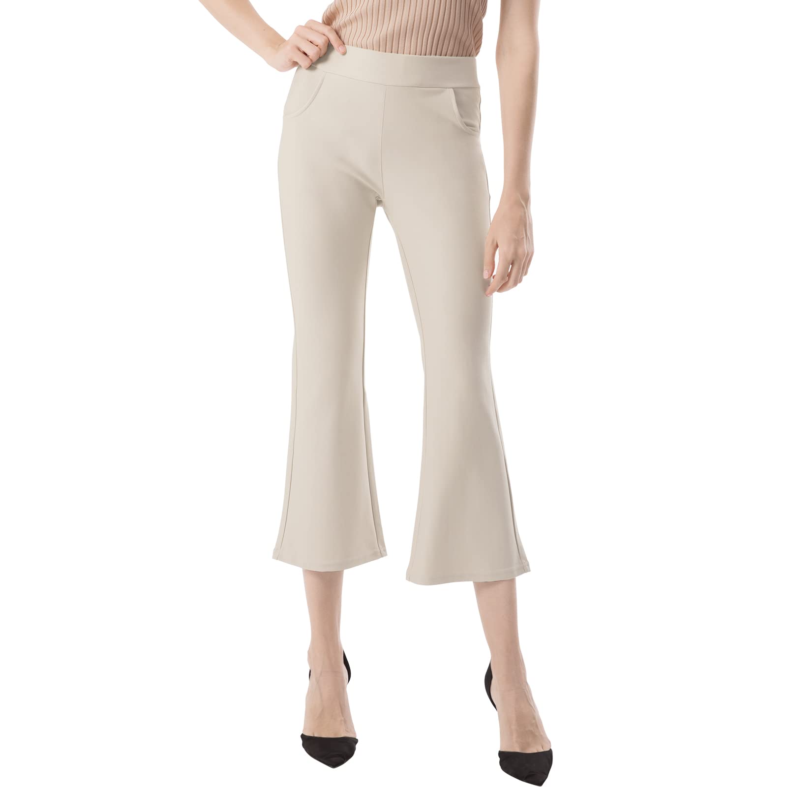 Ginasy Capri Pants for Women Business Casual Summer Dressy Pull On Stretch High Waisted Bell Bottom Flare Yoga Work Trousers Small Beige