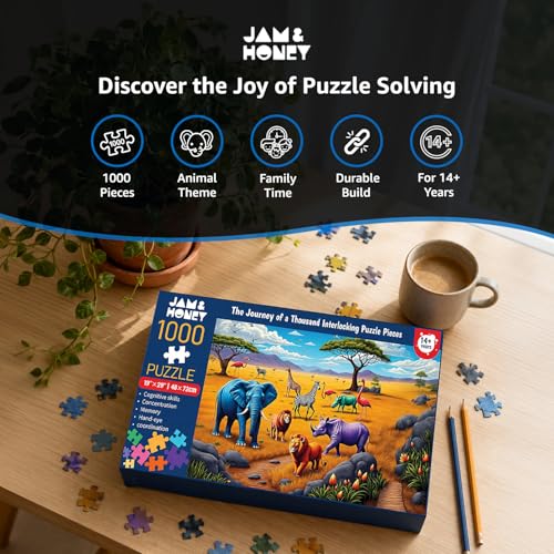 Image of Amazon Brand - Jam & Honey 1000 Piece Animal Puzzle for Teens & Adults | 14+ Years | Animal Theme | Long Puzzle