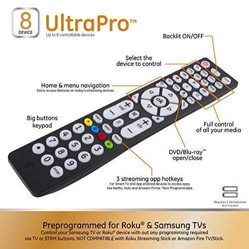 Ge 8-Device Backlit Universal Remote Control For Samsung, Vizio, Lg, Sony, Sharp, Roku, Apple Tv, Rca, Panasonic, Smart Tv, Streaming Players, Blu-Ray, Dvd, Simple Setup, Black, 37123 #TOP2