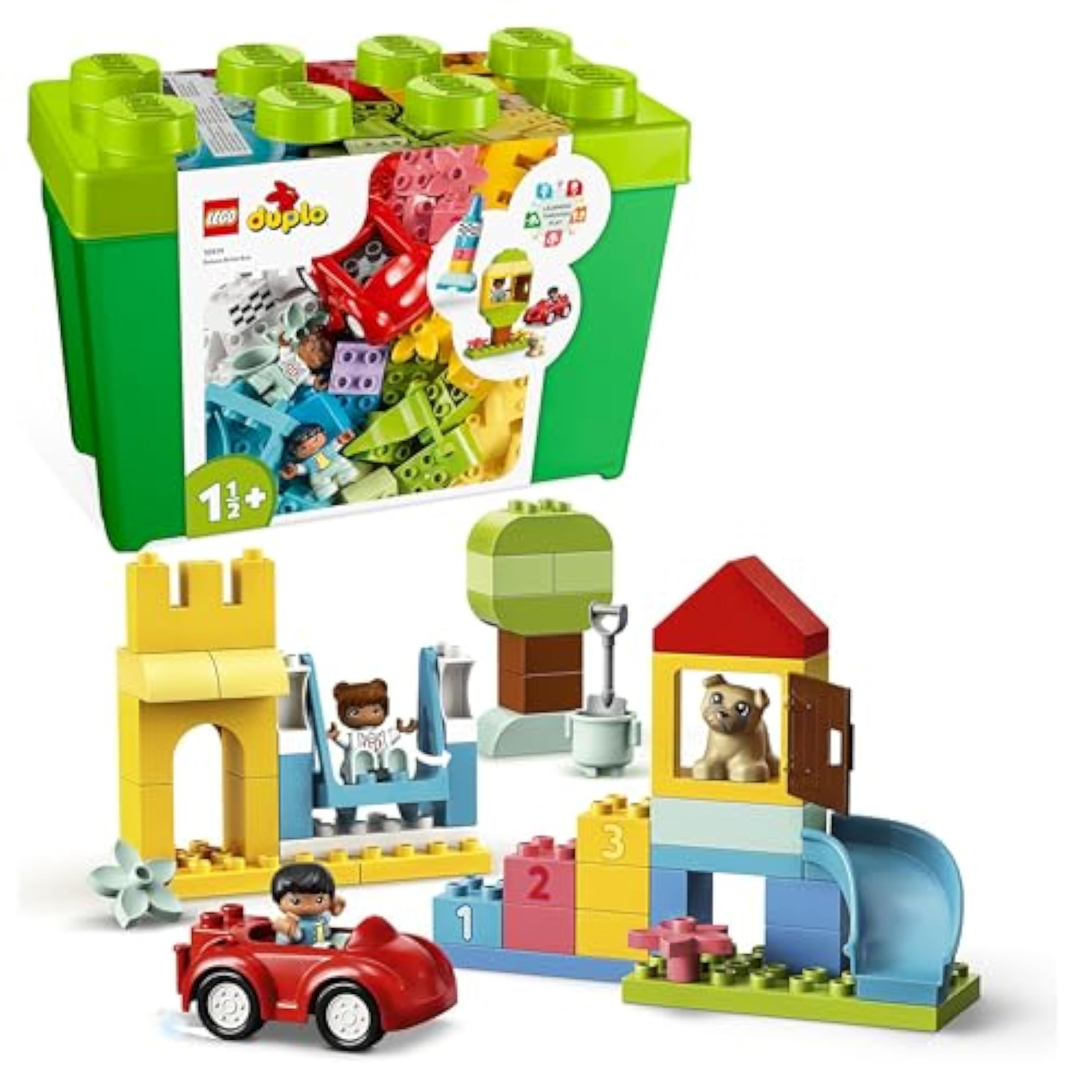 LEGO DUPLO Caja de Ladrillos Deluxe - Juguete para la Motricidad Fina para Niños y Niñas de 1+ Años - Coche, Ladrillos de Números y Figuras de Animales - Almacenaje de Juguetes 10914