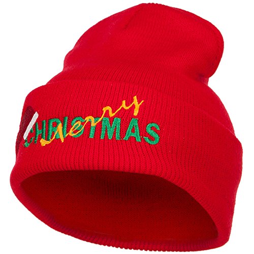 Merry Christmas Santa Hat Embroidered Long Beanie - Red OSFM