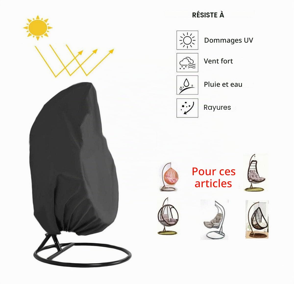 Housse de chaise à suspendre pour patio - Imperméable en tissu Oxford 210D avec doublure en PVC - Housse de chaise pour balancelle - Housse de chaise en forme d'œuf pour véranda avec sac de