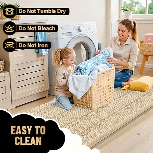 Image of OLANLY Thick Bathroom Runner Rugs 47x17, Extra Absorbent Chenille Striped Bath Rugs, Rubber Backing, Machine Wash Dry, Long Bath Mats for Bathroom Floor, Tub and Shower, Home Decor Accessories, Beige