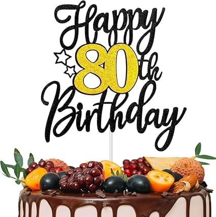 "80th Birthday Cake Topper - Gold Glitter Happy Birthday Sign, Food Safe Bamboo & Paper Elegant Cake Decorations for 80 Year Old"