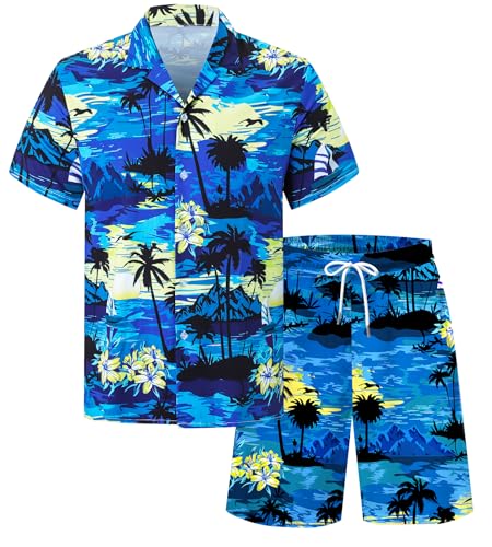 Image of Cromoncent Boy and Men Hawaiian Outfits Short Sleeve Shirts and Shorts Hawaiian Suits Beach Tropical 2 Pcs Vacation Sets