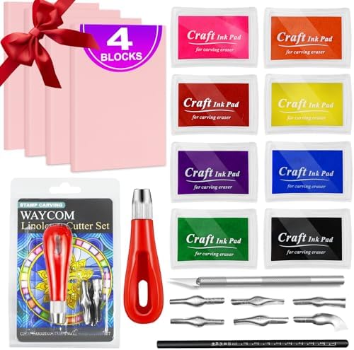 WAYCOM 18 Pcs Rubber Stamp Making Kit, Linoleum Cutter Set, Craft...