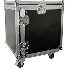 19" Pro Audio Equipment Racks with Wheels and Mixer Mount Professional Quality - for safe transportation of equipment. Rear access panel --- 4" black wheels with locking lever --- 8 catches --- 9mm plywood black laminated outer finish Rack height: 10...