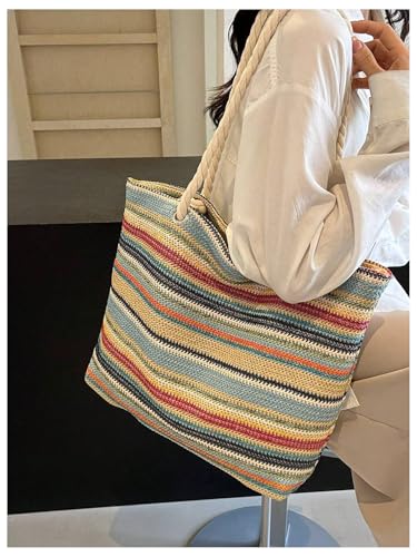 Image of QWINEE Women's Striped Tote Bags Double Handle Large Capacity Lightweight shoulder Handbag