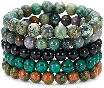 BOMAIL 5PCS Semi-Precious Gemstone Bracelet - Healing Crystal Stone Beaded Bracelets for Women Men 8mm Round Beaded Stretch Bracelets Unisex Stress Relief Yoga Bracelets Gifts