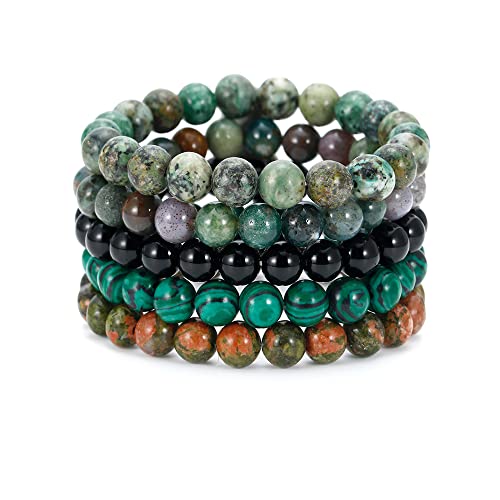 BOMAIL 5PCS Semi-Precious Gemstone Bracelet - Healing Crystal Stone Beaded Bracelets for Women Men 8mm Round Beaded Stretch Bracelets Unisex Yoga Bracelets