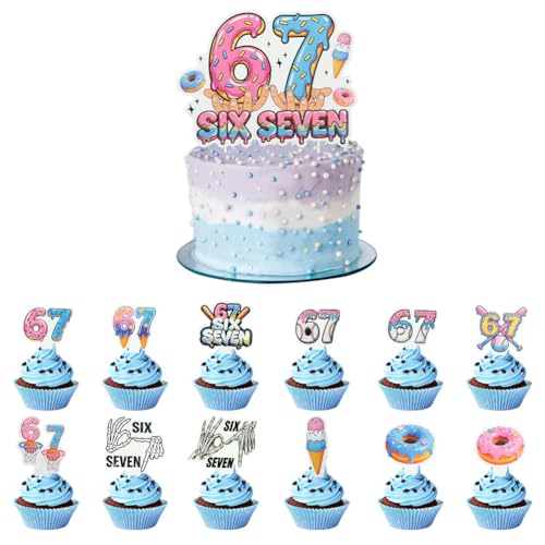 Decoraciones de cumpleaños con temática de donas y helados, 1 decoración grande para tartas + 24 adornos para cupcakes (12 diseños) en rosa y azul, suministros humorísticos para fiesta de cumpleaños