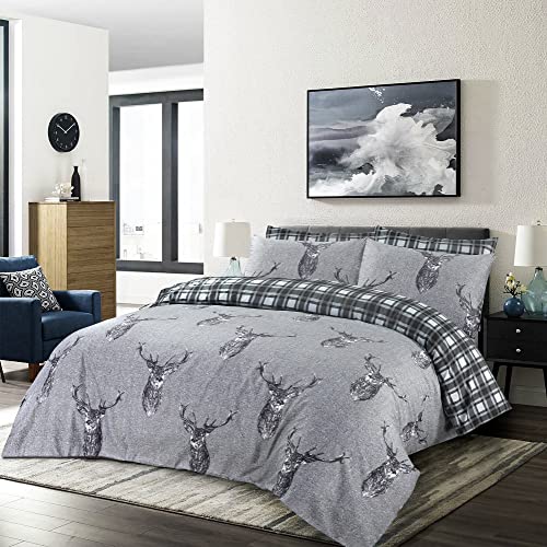 Parure de lit avec housse de couette et taies d'oreiller 100 % coton majoritaire - Imprimé tête de cerf - Gris argenté - Gris anthracite - Double Cover