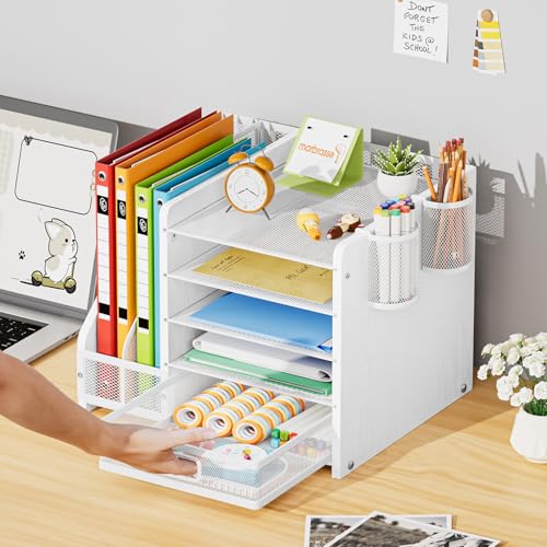 Image of Marbrasse Desk Organizer with File Holder, 5-Tier Paper Letter Tray Organizer with Drawer and 2 Pen Holder, Mesh Desktop Organizer and Storage with Magazine Holder for Office Supplies (Wood-White)