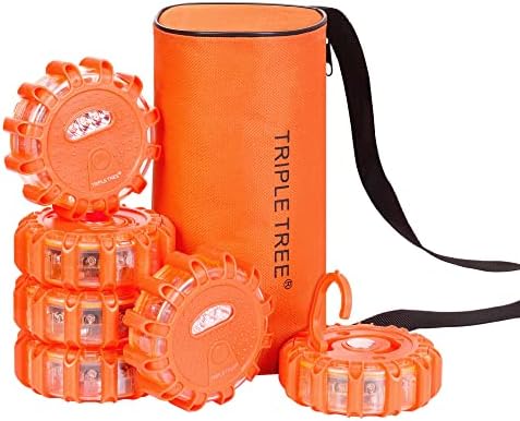 INCLAKE 6 Pack LED Road Flares Emergency Lights for Roadside Security, Warning Flashing Beacon Disc with Magnetic Base and Hook, Road Safety Flare with Batteries & 9 Flash Modes for Vehicles and Boat