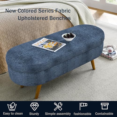 Image of ECLYL Oval Storage Bench 43.5 inch Linen Fabric Upholstered Entryway Bench with Solid Wood Legs Ottoman Bench Indoor Bench for Living Room /Bedroom /End of Bed /Entryway (Blue)
