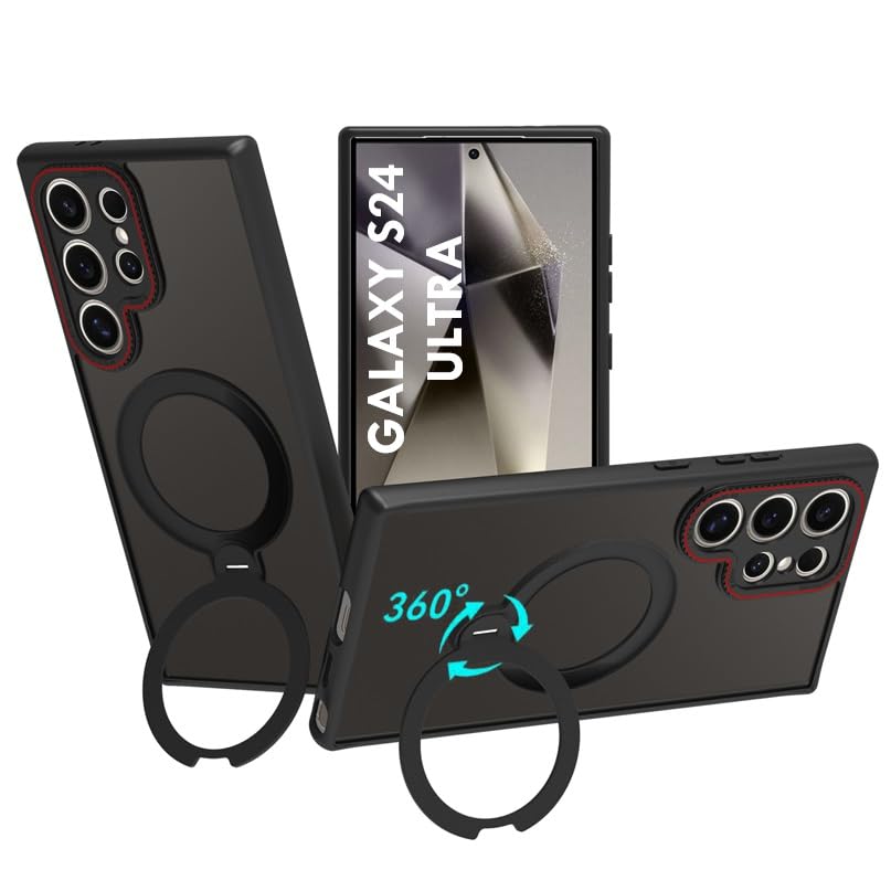 Image of RIGGEAR Shockproof Tough Hybrid Armor 360 Rotating Magnetic Ring Stand Back Cover Case Compatible with MagSafe Accessories for Samsung Galaxy S24 Ultra (Smoke Black Matte PC and Black TPU Bumper)