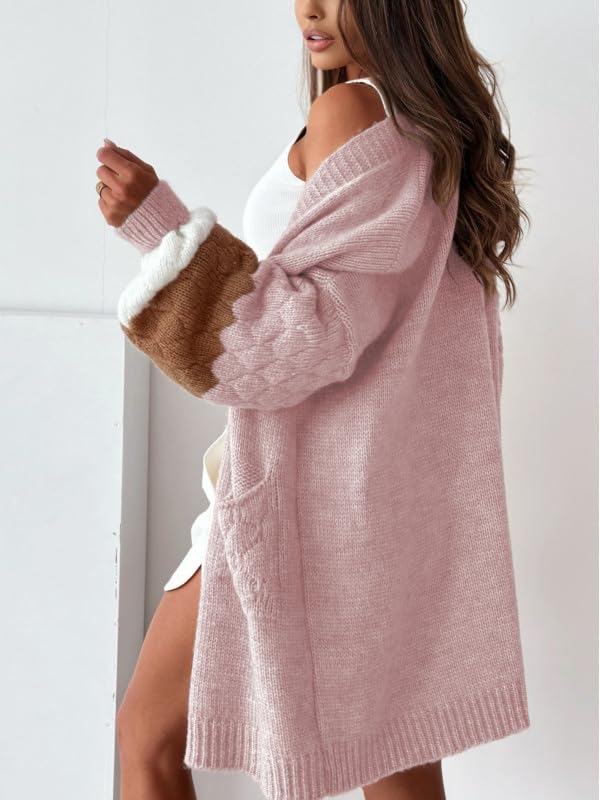 Yidarer Women Fall Sweater Open Front Knit Cardigan Color Block Casual Loose Fit Oversized Outfits4