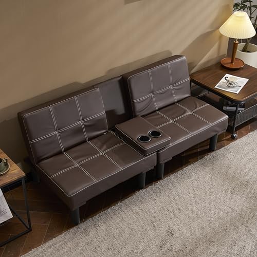 ソファ ソファーベッド ソファベッド 2人掛け ベッドになるソファ リクライニング3段階 リクライニングソファ ローソファー コンパクト 省スペース 一人暮らし 簡易ベッド 幅153cm (ブラウンレザー調(ドリンクホルダー付き))