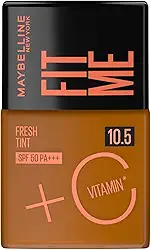 Maybelline NY Fit Me Fresh Tint Base Líquida, Proporciona Efeito Glow Natural, Controla a Oleosidade e Uniformiza a Pele com Vitamina C e FPS 50, Cor 10.5, 30ml