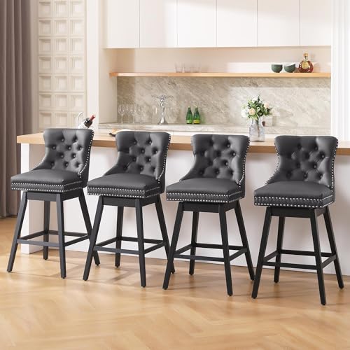 Image of Grey Leather Swivel Bar Stools Set of 4 with Back, 26 Inch Counter Height Chairs, Solid Wood Legs, Tufted Seat, Comfortable and Stylish for Kitchen, Island, Home Bar(Grey, 4 Pack, 26 inch H)